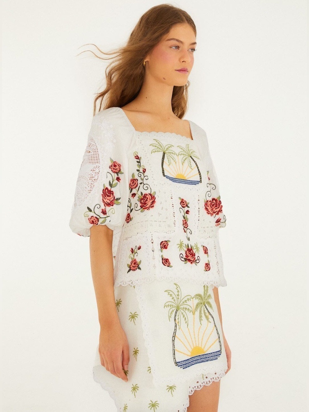 Farm Rio Off-White Tropi Scarf Embroidered Blouse - Picture 9 of 9